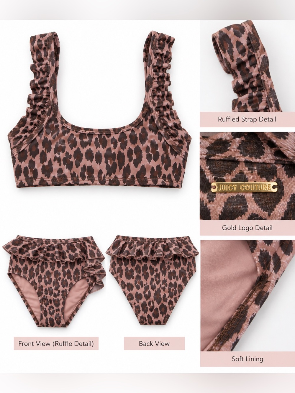 Juicy Couture Brown and Pink Leopard Ruffle Two-Piece Swim Set